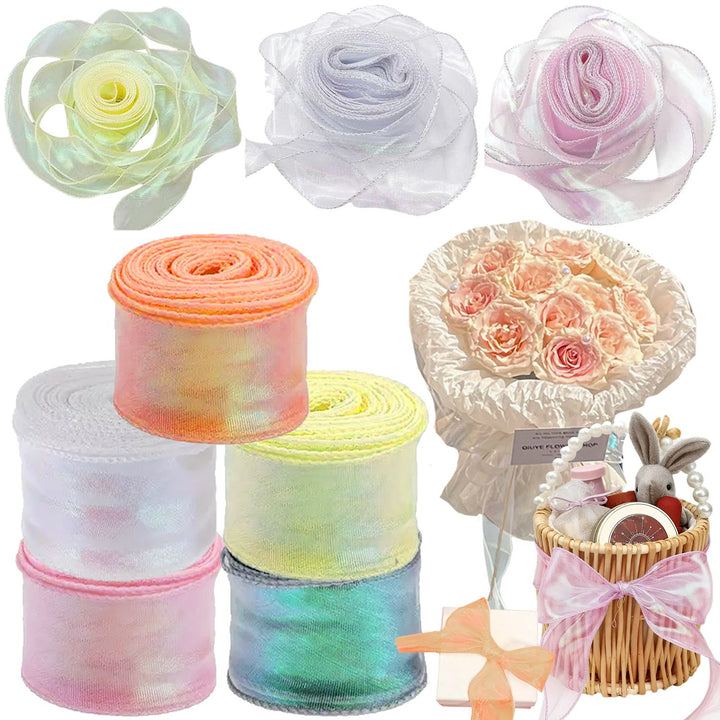 5 Rolls 10 Yard Shimmer Sheer Organza Ribbons 1.5 Inch Wide Laser Wired Edge Ribbon 5 Colors Chiffon Ribbon For DIY Crafts Gift Sewing Making Floral Bouquets Wrapping Bow Wedding Invitations Supplies
