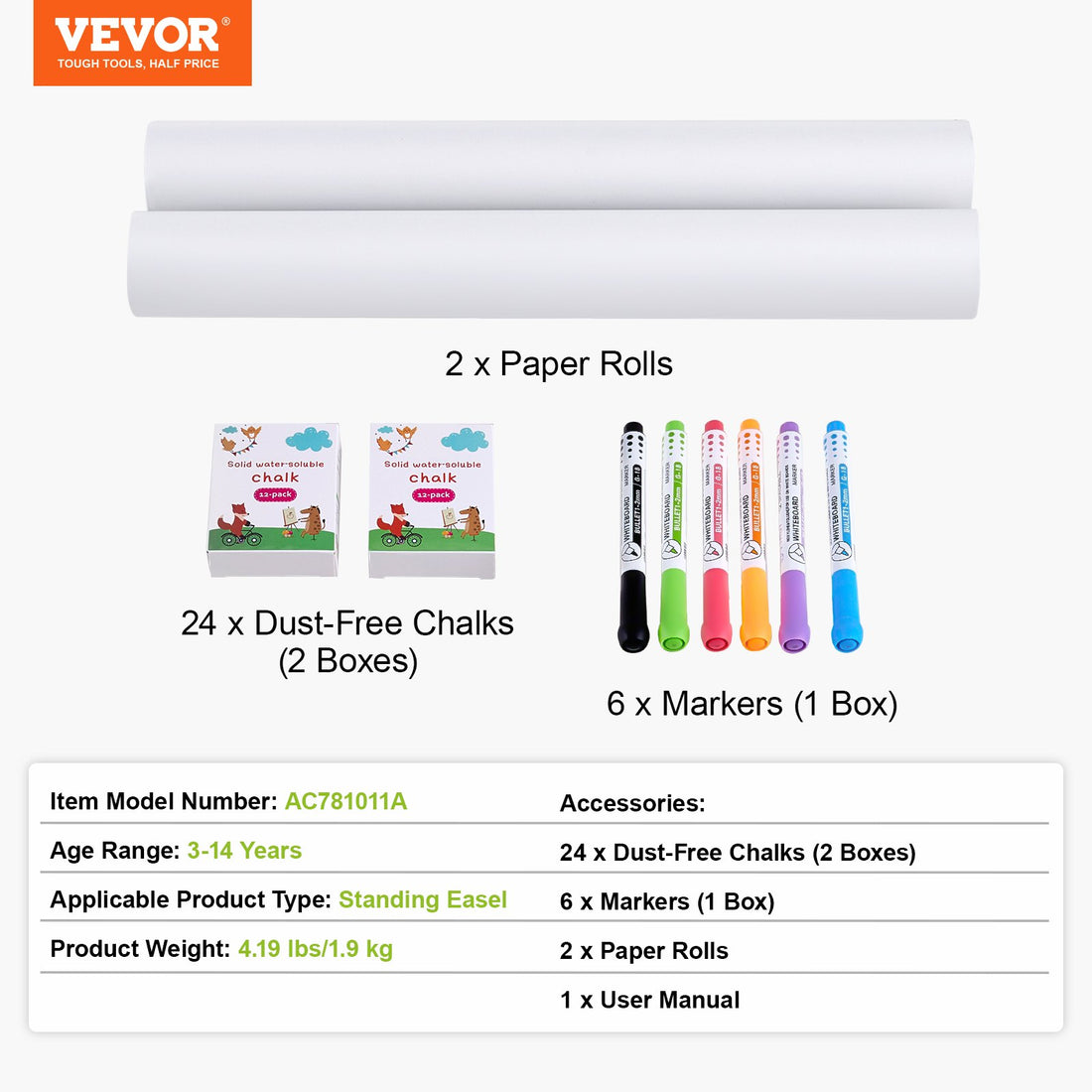 VEVOR Easel Accessory Set Chalk & Markers & Paper Rolls 32PCS For Standing Easel