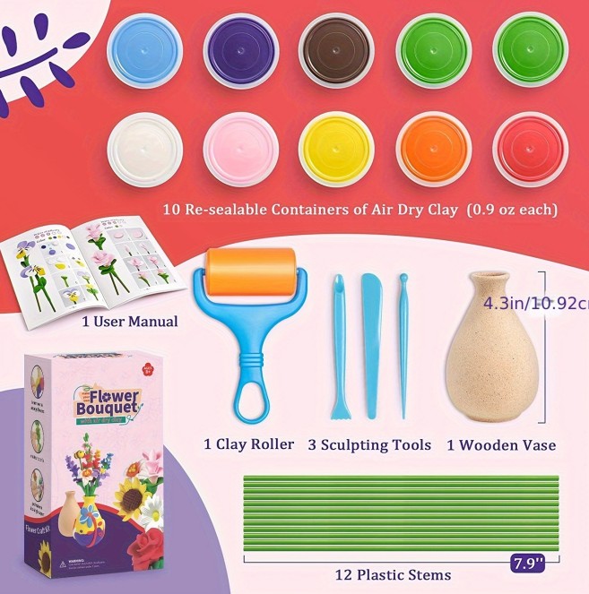 Air Dry Clay Vase Bouquet Craft Kit, 10 Pieces Modeling Clay Flower Art And Craft DIY Set For Boys And Girls, Improve Fine Motor Skills And Hand-Eye Coordination, Great Gift Idea For Boys And Girls
