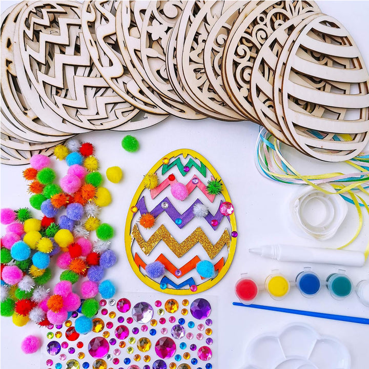 32 Sets Wooden Easter Ornaments Decorations DIY  Craft Kits Assorted Paintable Unfinished Wood Laser Cut Easter Egg Ornaments For Kids Easter Spring Classroom Home Activity Art Project